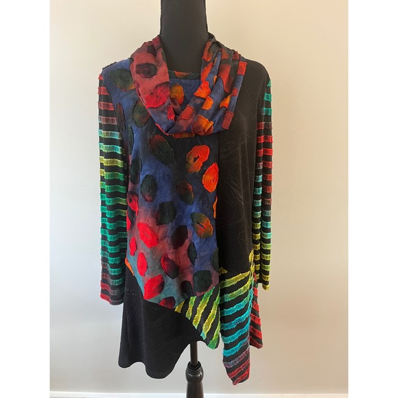 Calessa Tops - Calessa Size L Artsy Tunic Top Lagenlook Patchwork Polka Dot Striped Sleeve Boho